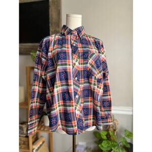 Vintage 90s Plaid Flannel Bright Colorful Stars Western Size Medium